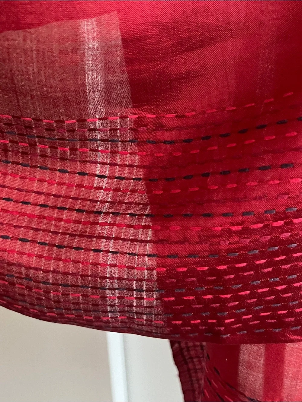 FabIndia Style Handwoven 100% Silk Kantha Hand Embroidered Wrap Stole Red 74
